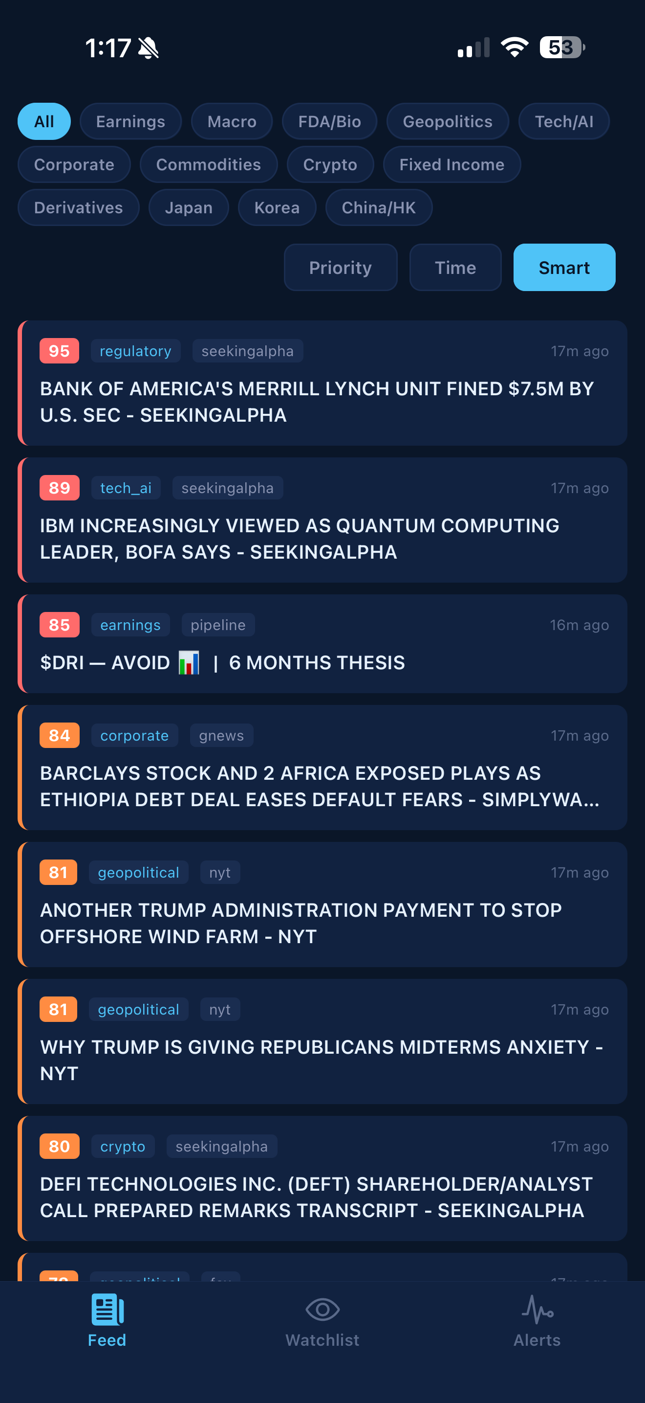 StockDuty market-moving news feed on iPhone