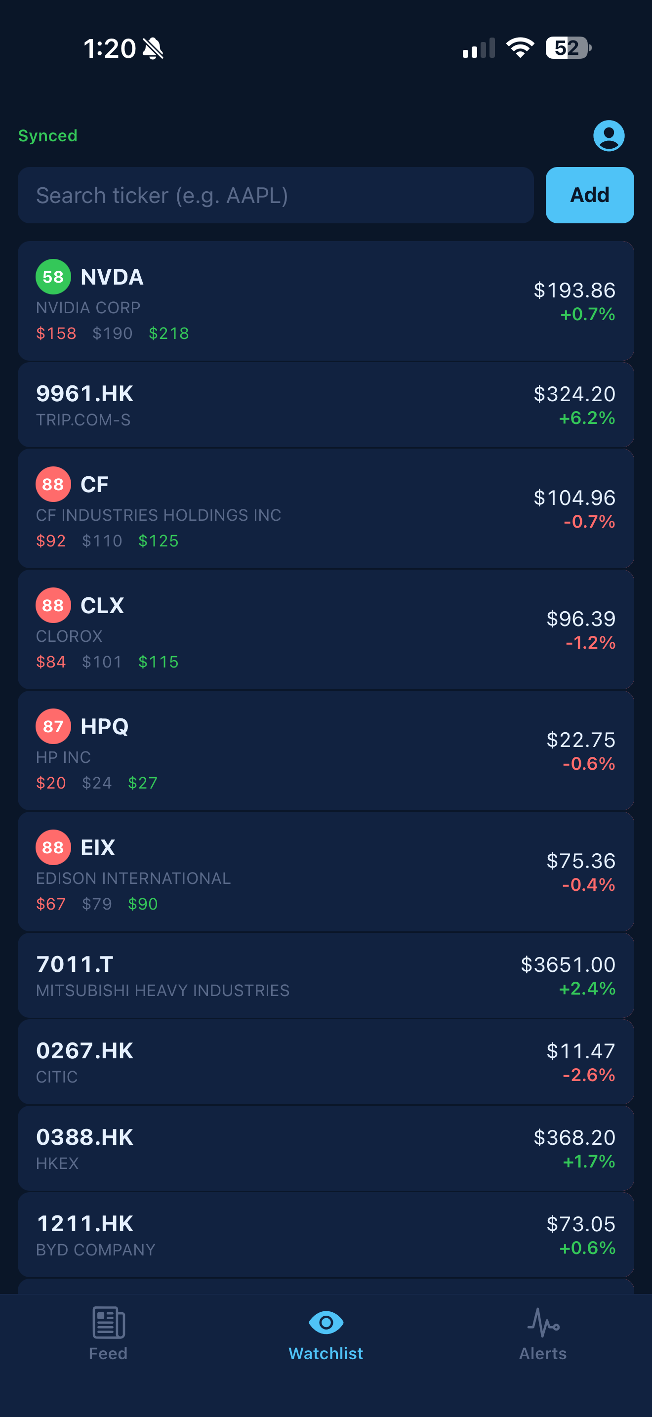 StockDuty watchlist with quant scores and price targets on iPhone